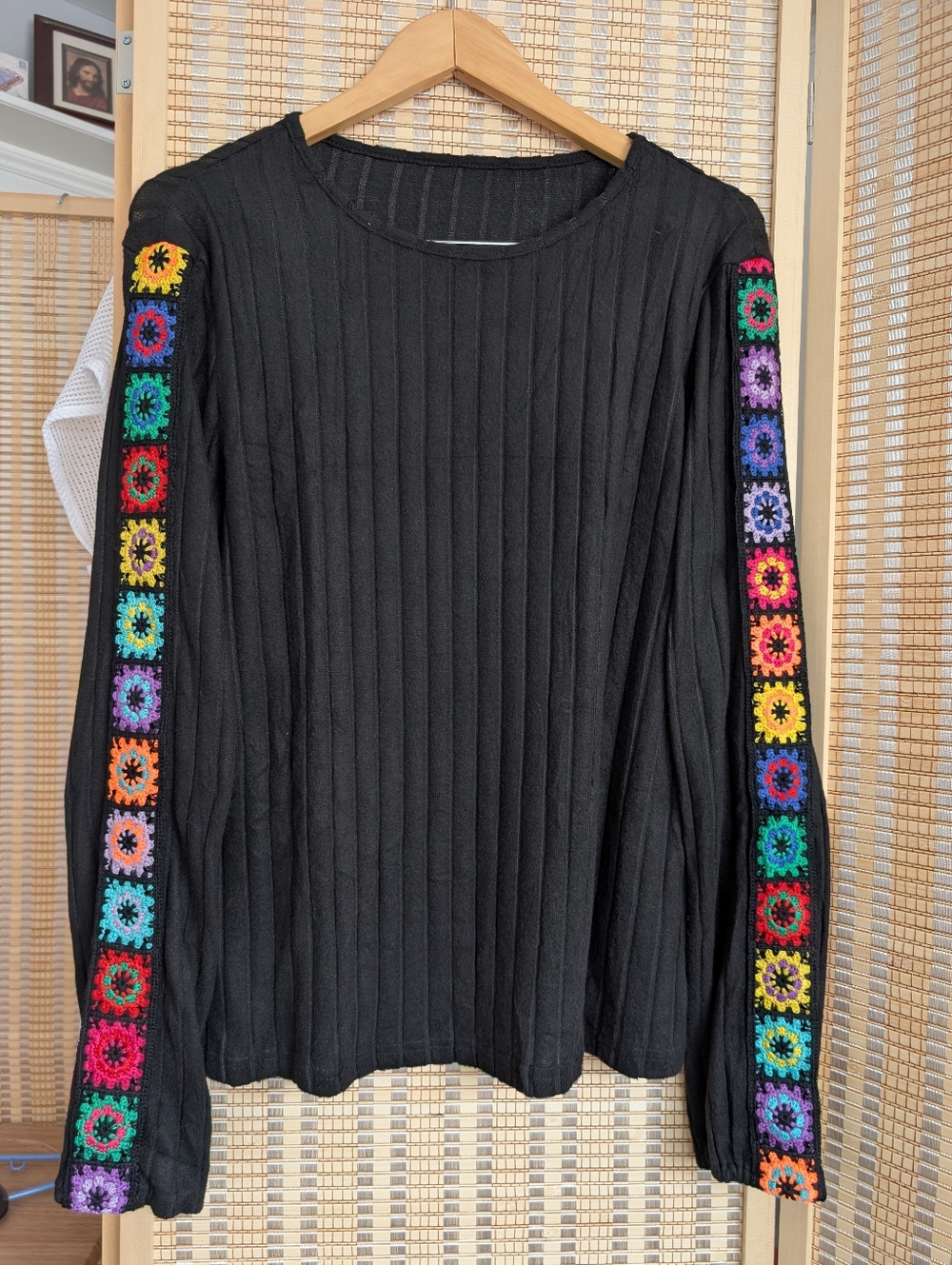 Black Long-Sleeve Ribbed Sweater with Multicolor Crochet Trim